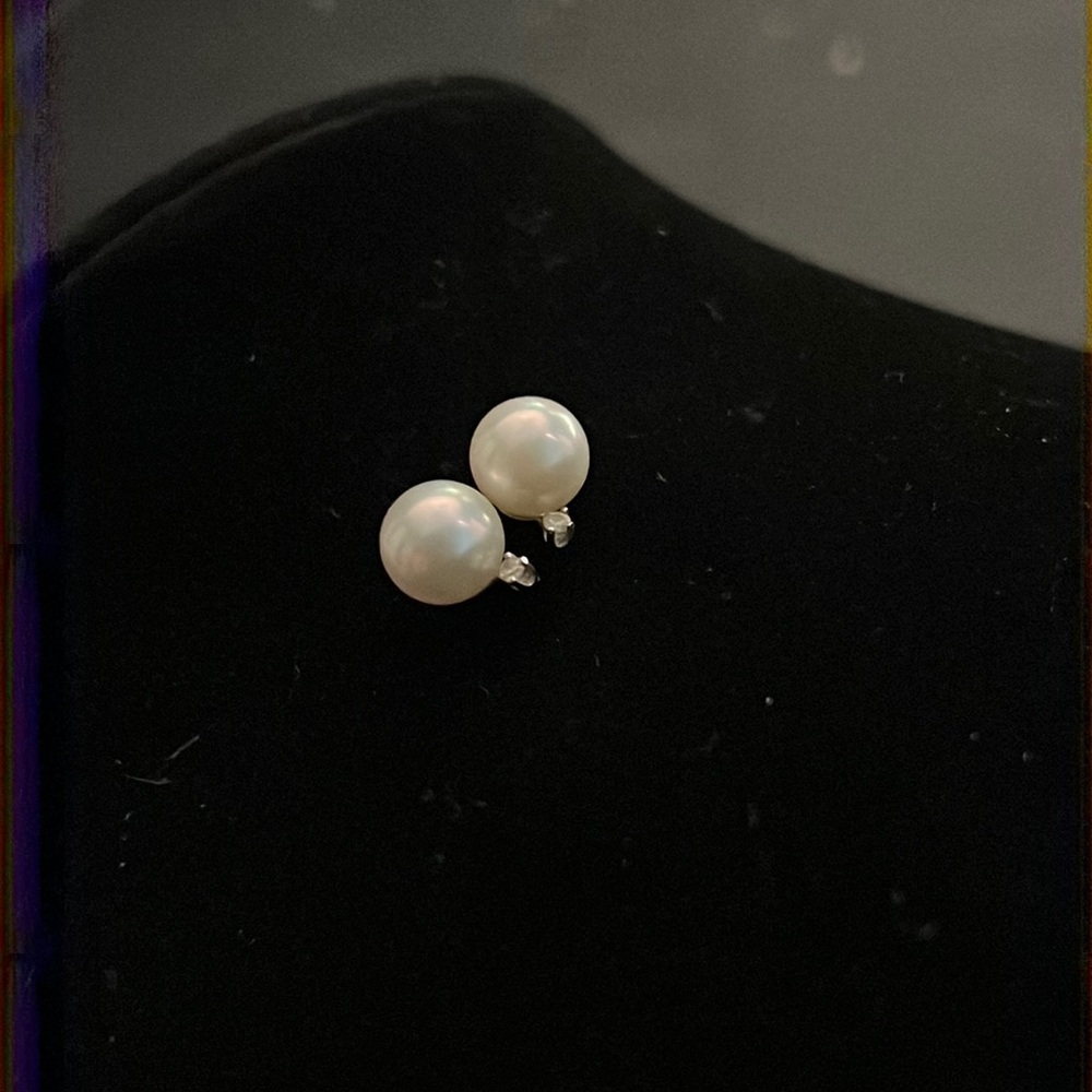 Vintage Genuine Akoya Pearl earrings with Diamonds 14k White Gold 7mm